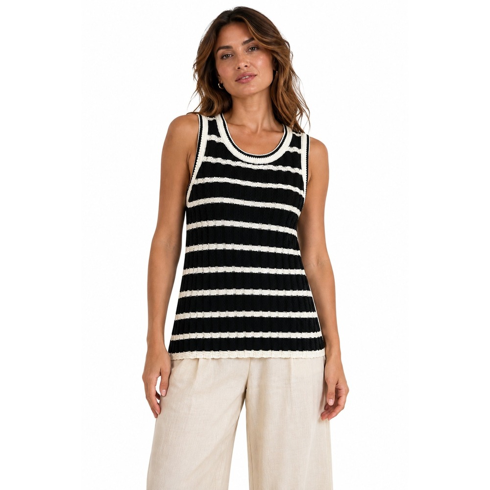Cotton Striped Crochet Sweater Tank L Black White Coastal Preppy Joan Rivers